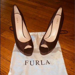 FURLA Chocolate Brown Peep Toe Heels